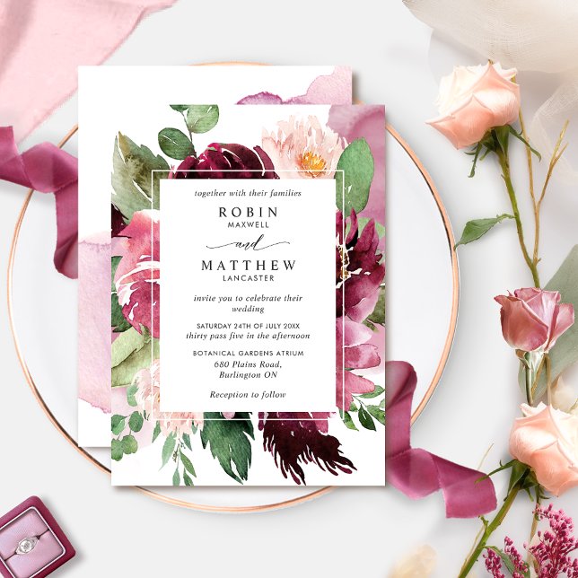 Elegant Berry, Burgundy Pink Floral Wedding Invitation (Creator Uploaded)