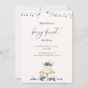 Elegant Berry First Blueberry Birthday Cake Invitation