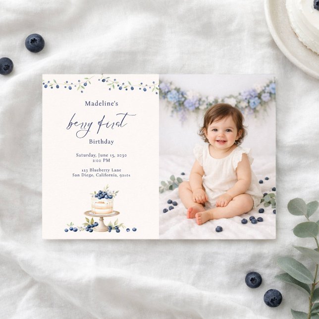 Elegant Berry First Blueberry Birthday Cake Photo Invitation (Creator Uploaded)