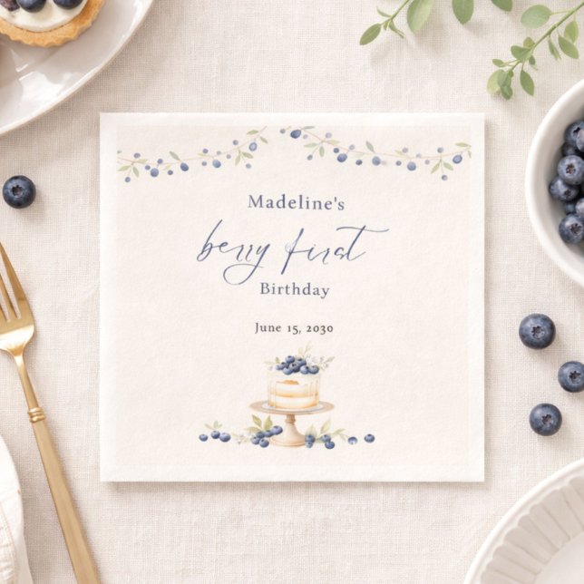 Elegant Berry First Blueberry Birthday Party Napkins (Creator Uploaded)