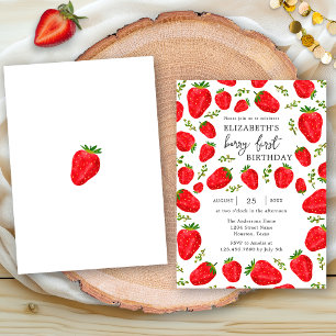 Elegant Berry First Red Strawberry 1st Birthday Invitation