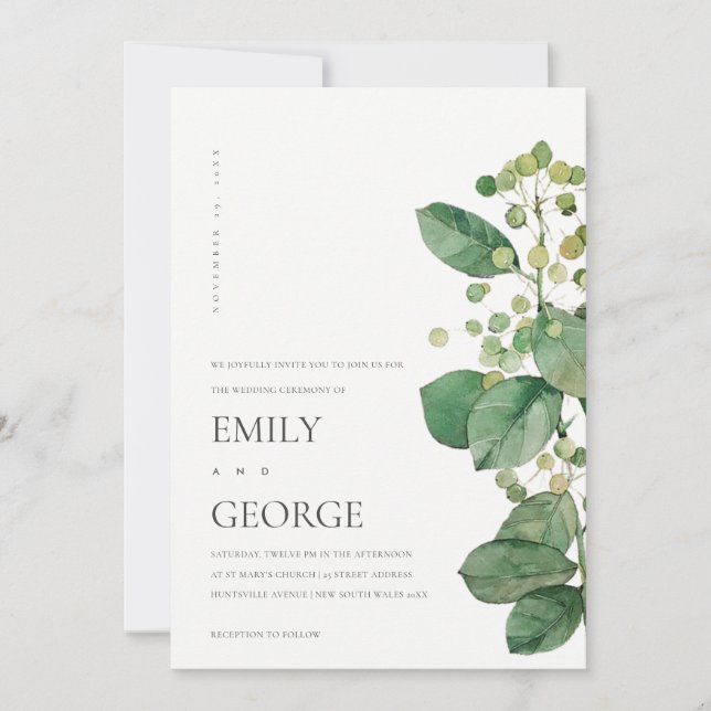 ELEGANT BERRY LEAF FOLIAGE GREENERY WEDDING INVITE (Front)