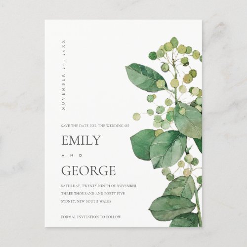 ELEGANT BERRY LEAFY FOLIAGE GREENERY SAVE THE DATE ANNOUNCEMENT POSTCARD