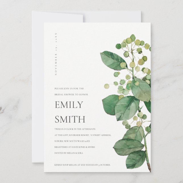 ELEGANT BERRY LEAVES FOLIAGE BRIDAL SHOWER INVITE (Front)