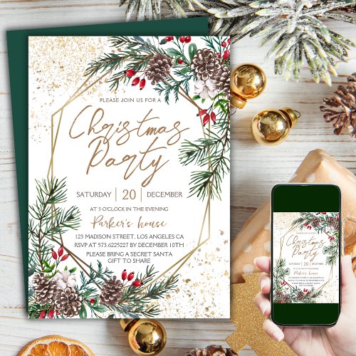 Elegant Berry Pine Geometric Gold Christmas Party Invitation