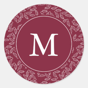 Elegant Berry Red and White Holly Monogram Holiday Classic Round Sticker