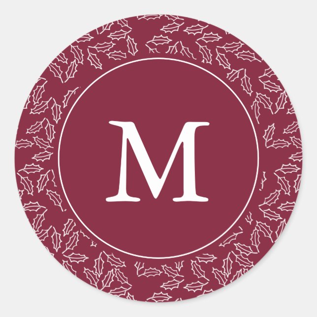 Elegant Berry Red and White Holly Monogram Holiday Classic Round Sticker (Front)