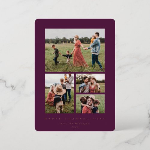 Elegant Berry Red Frame 4 Photo Happy Thanksgiving Foil Holiday Card