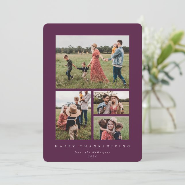 Elegant Berry Red Frame 4 Photo Happy Thanksgiving Holiday Card (Standing Front)