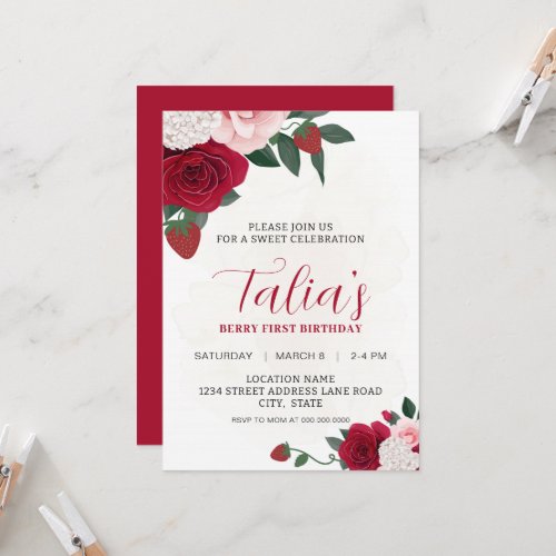 Elegant Berry Roses First Birthday Party Download Invitation