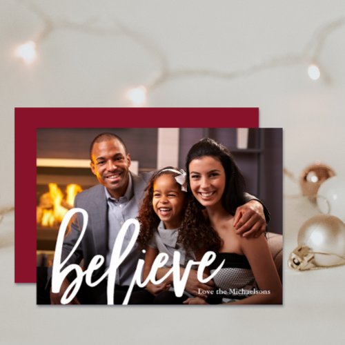 Elegant Berry Typography Believe Photo Christmas Holiday Card