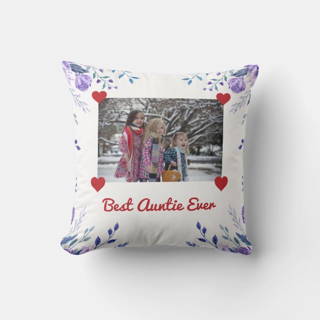 Elegant Best Auntie Ever BAE Photo Hearts Floral Throw Pillow (Front)