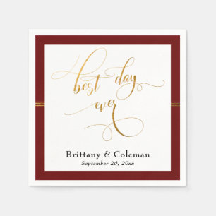 Elegant Best Day Ever Burgundy Red & Gold Stripe Napkins