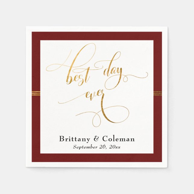 Elegant Best Day Ever Burgundy Red & Gold Stripe Napkins (Front)