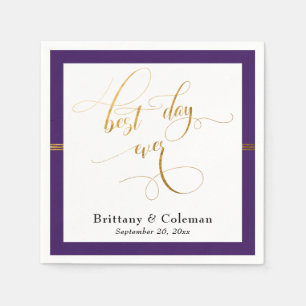 Elegant Best Day Ever Deep Purple & Gold Stripe Napkins