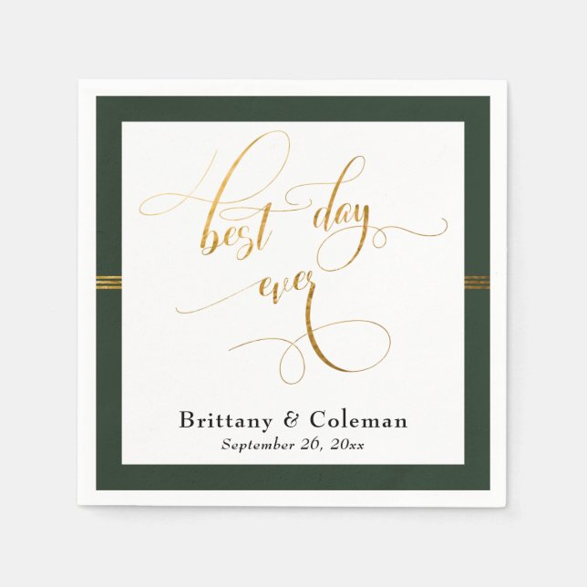 Elegant Best Day Ever Evergreen & Gold Stripe Napkins (Front)