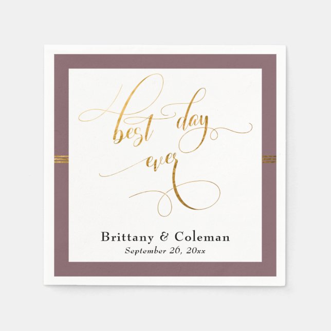 Elegant Best Day Ever Mauve Pink & Gold Stripe Napkins (Front)