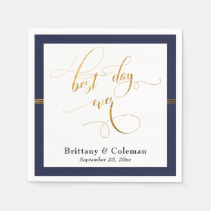 Elegant Best Day Ever Navy Blue & Gold Stripe Napkins