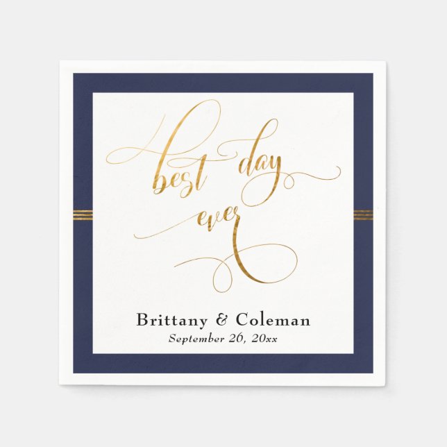 Elegant Best Day Ever Navy Blue & Gold Stripe Napkins (Front)