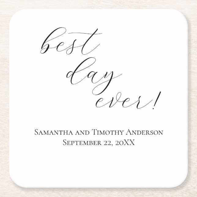 Elegant Best Day Ever Script Wedding  Square Paper Coaster (Front)