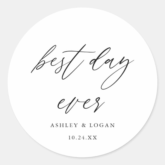Elegant Best Day Ever Wedding Favor Classic Round Sticker (Front)