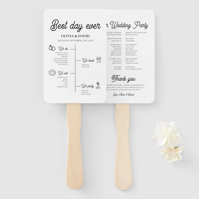 Elegant Best Day Ever Wedding Timeline Program Hand Fan (Front and Back)