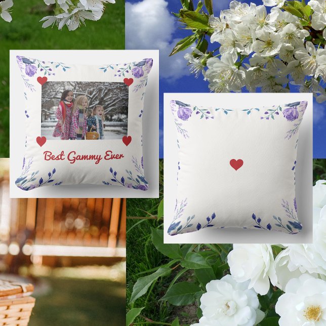 Elegant Best Gammy Ever Grandma Photo Floral Throw Pillow (Best Gammy Ever. Elegant personalized floral photo pillow for Grandma on Mother's Day or her bday)