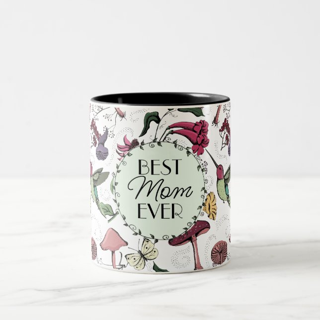 Elegant Best Mom Ever Modern Hummingbird & Flowers Two-Tone Coffee Mug (Center)