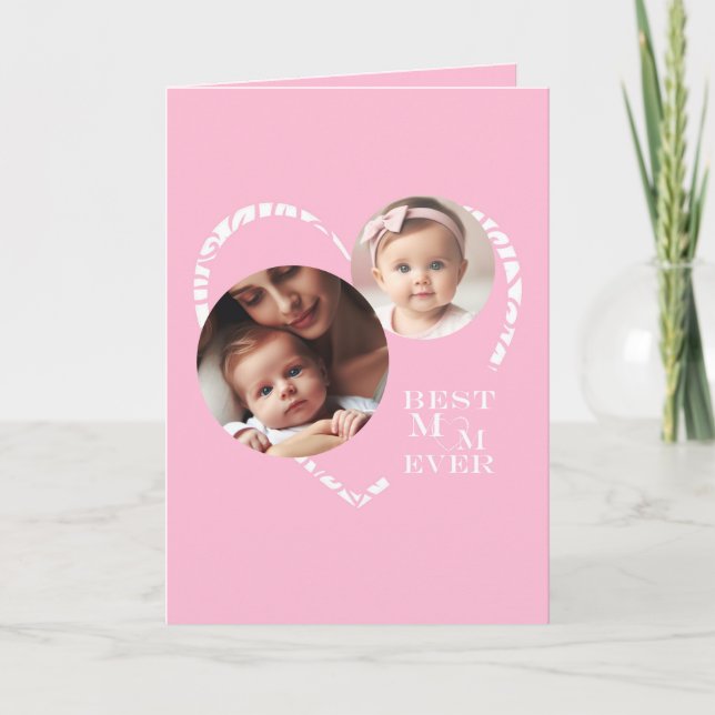 Elegant "Best Mom Ever" Pink & White Heart 3-Photo Note Card (Front)