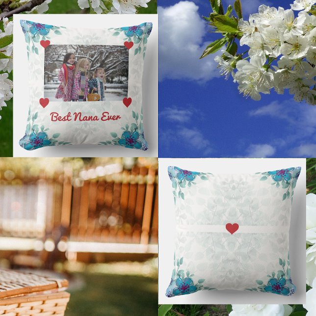 Elegant Best Nana Ever Grandma Photo Hearts Floral Throw Pillow (Best Nana Ever. Best Grandma Ever. Elegant personalized floral pillow, w/ a photo held by red hearts)