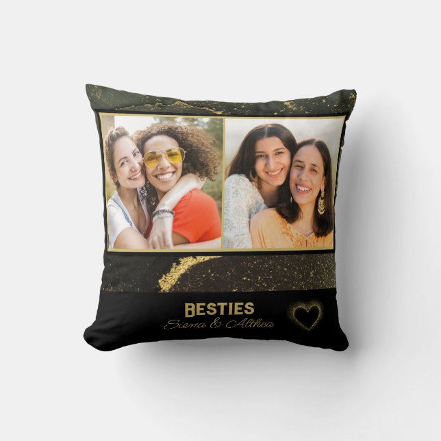 Elegant Besties Best Friend Black and Gold Photo Throw Pillow (Front)