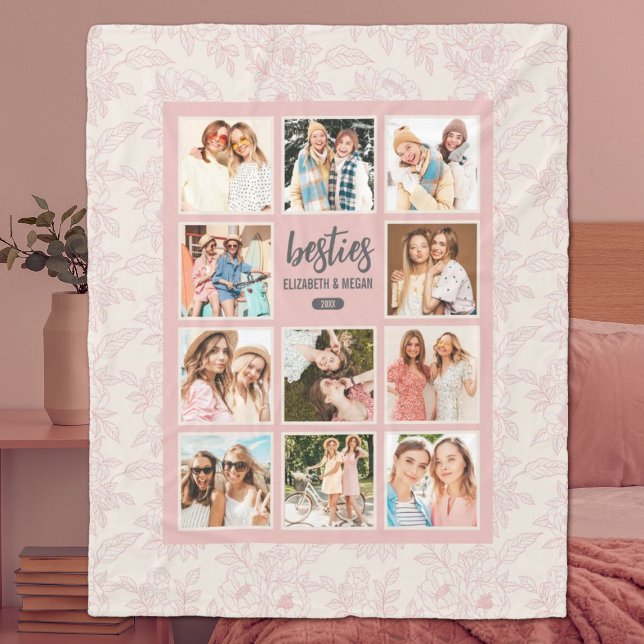 Elegant Besties BFF Pink Photo Collage with Names Fleece Blanket (A pretty, pink feminine best friend photo collage blanket. A perfect gift for a birthday.)