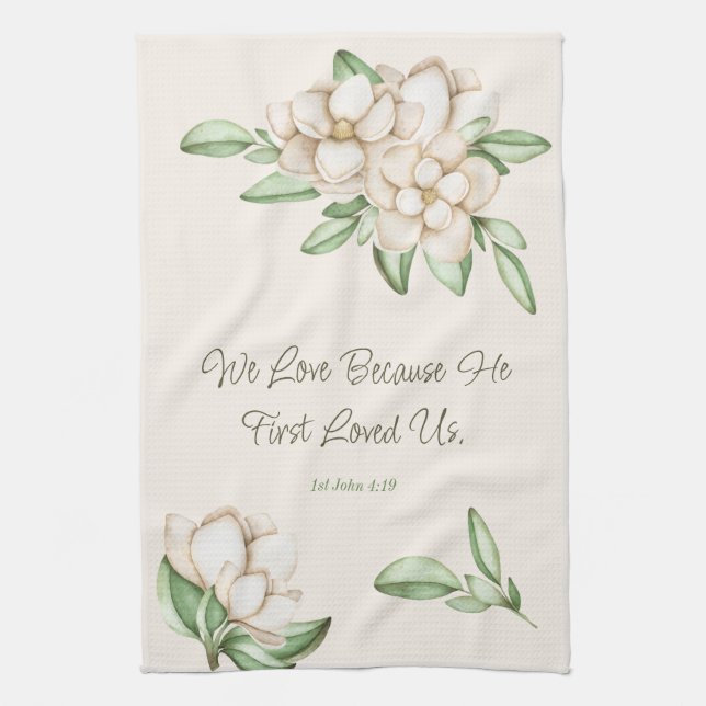 Elegant Bible Verse Botanical Magnolia Script Kitchen Towel (Vertical)