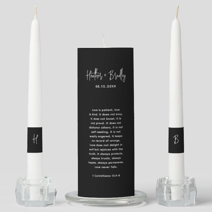 Elegant Bible Verse Modern Simple Black Wedding Unity Candle Set Zazzle