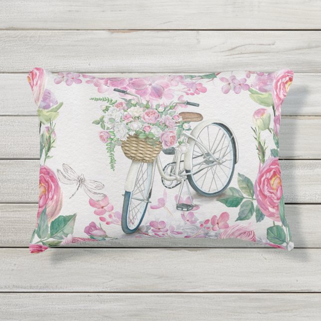 Elegant Bicycle and Flowers Outdoor Pillow (Front)