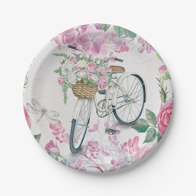 Elegant Bicycle and Flowers Paper Plates (Front)