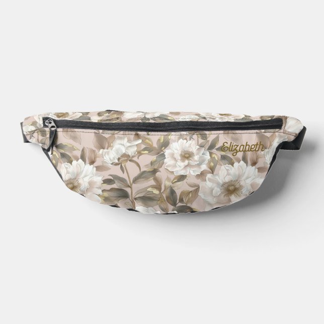 Elegant Big Camellia Flower Pink Gold Custom Trave Fanny Pack (Lay Down)