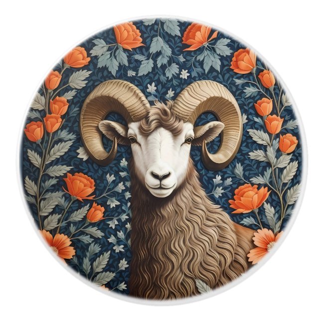 Elegant Big Horn Sheep William Morris Inspired  Ceramic Knob (Front)