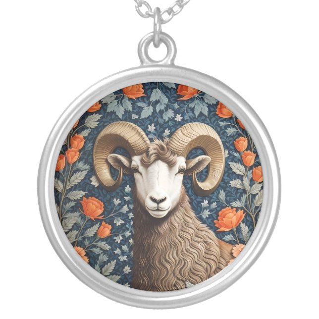 Elegant Big Horn Sheep William Morris Inspired  Silver Plated Necklace (Front)
