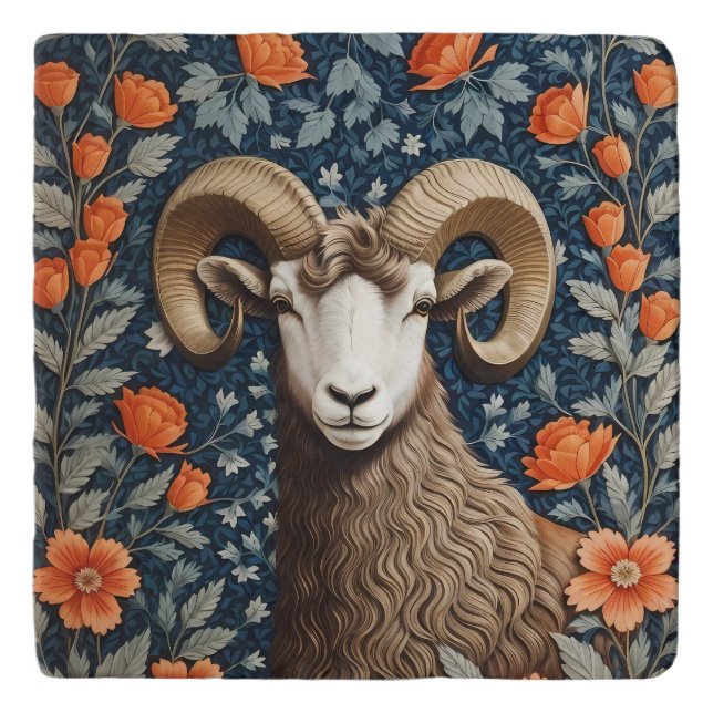 Elegant Big Horn Sheep William Morris Inspired  Trivet (Front)