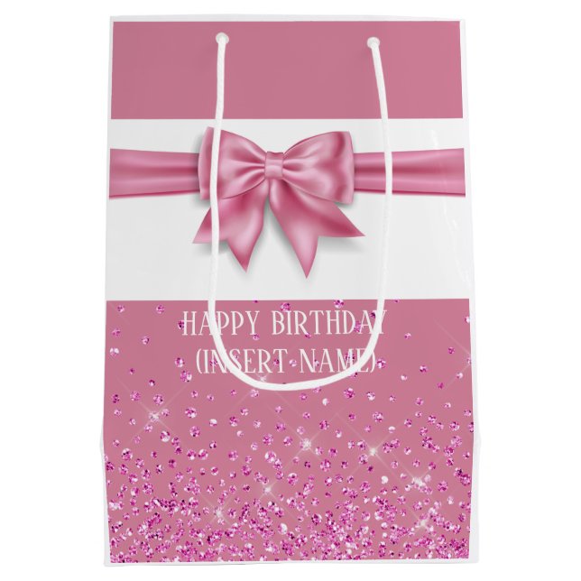 Elegant big pink bow glitter sparkle chic medium gift bag (Back)