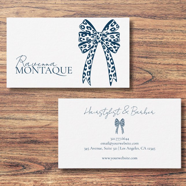 Elegant Big Prussian Blue Leopard Bow Custom Chic Business Card (Creator Uploaded)
