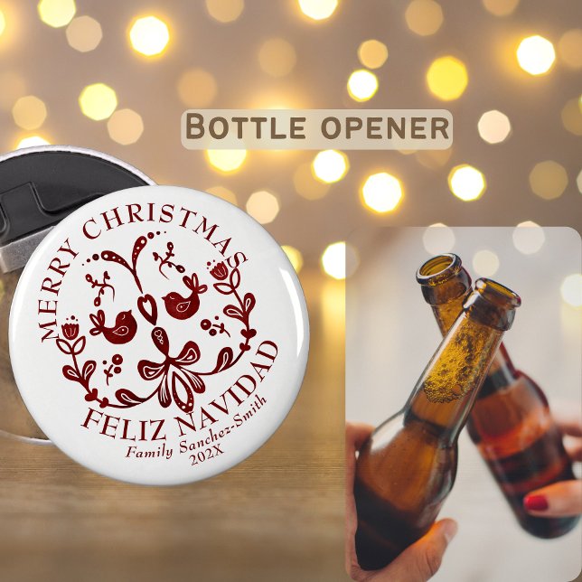 Elegant Bilingual Burgundy Birds Christmas Bottle Opener (Christmas bottle opener bilingual Spanish text, custom family name. Multilingual Project)