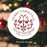 Elegant Bilingual Burgundy Birds Christmas Classic Round Sticker<br><div class="desc">Elegant Bilingual Christmas Stickers – Customizable Add a personal touch to your holiday gifts with these elegant, bilingual stickers! Featuring a festive "Merry Christmas - Feliz Navidad" greeting in beautiful red and burgundy typography against a crisp white background, these stickers are perfect for sending warm wishes in both English and...</div>