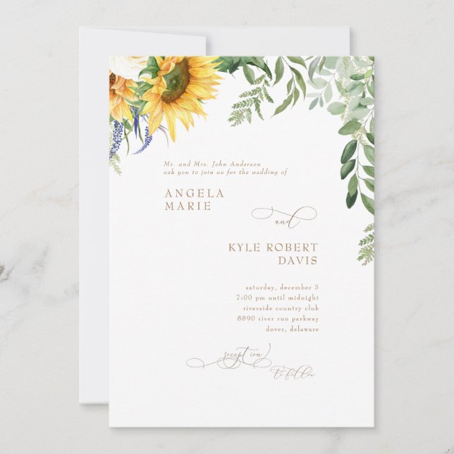 Elegant Billowing Eucalyptus Sunflower Wedding Invitation (Front)