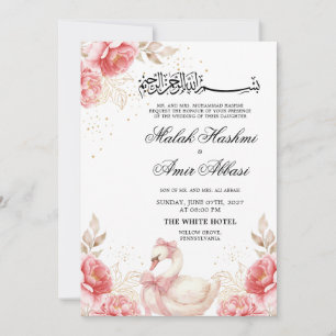 Elegant Bird, Floral Gold Islamic Muslim Wedding Invitation