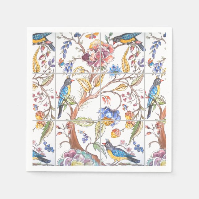 Elegant Bird Floral Tile Multicolor Chinoiserie Napkins (Front)