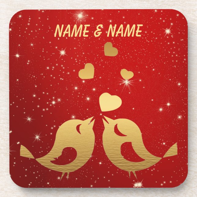 Elegant Bird Golden Heart Red Shiny Wedding Party Beverage Coaster (Front)