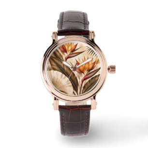 Elegant Bird of Paradise & Ginkgo Botanical Artwor Watch