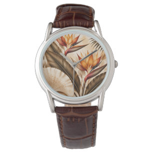 Elegant Bird of Paradise & Ginkgo Botanical Artwor Watch